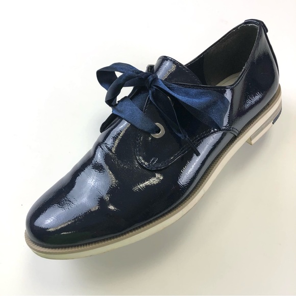 Marco Tozzi navy patent French blue Derby tie up womens shoe Size 40 ribbon lace - Picture 1 of 13